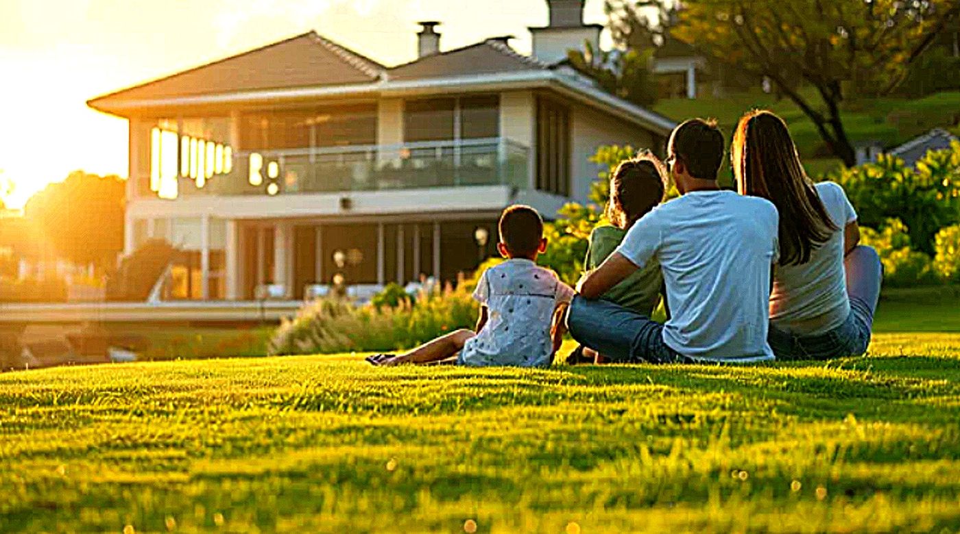 A family together at golden hour outside their new move-up Las Vegas home